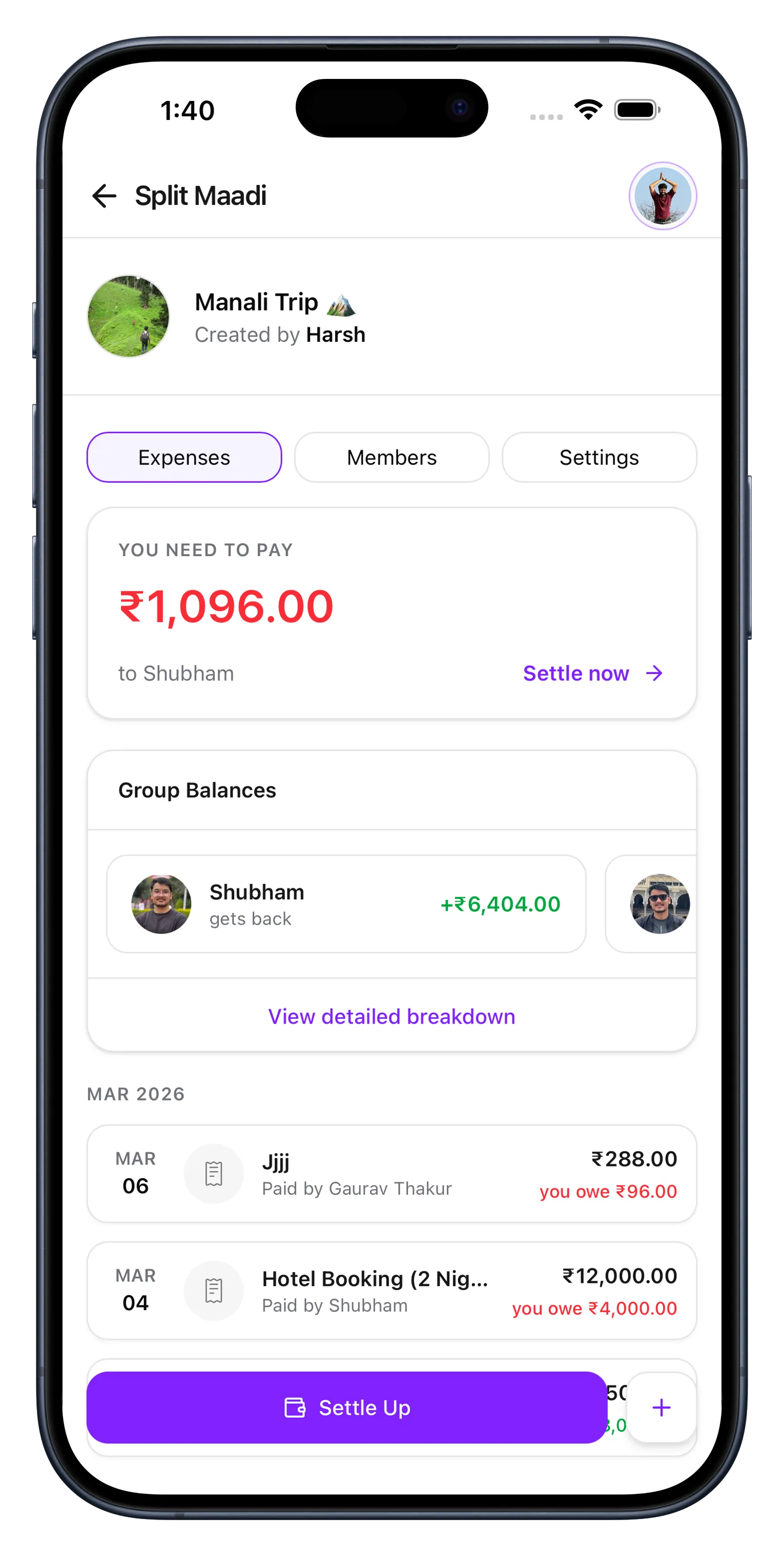 Group expense screen with total spend, member balances, and expense list