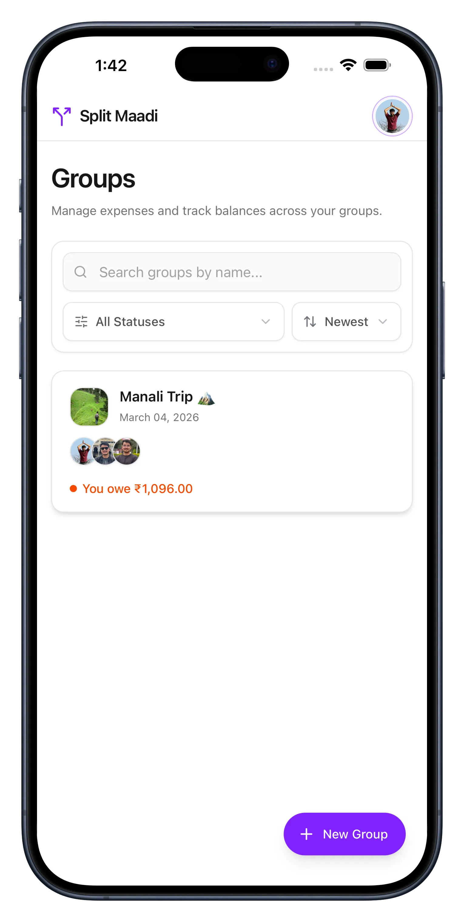 Groups home screen showing trip and family groups with balances