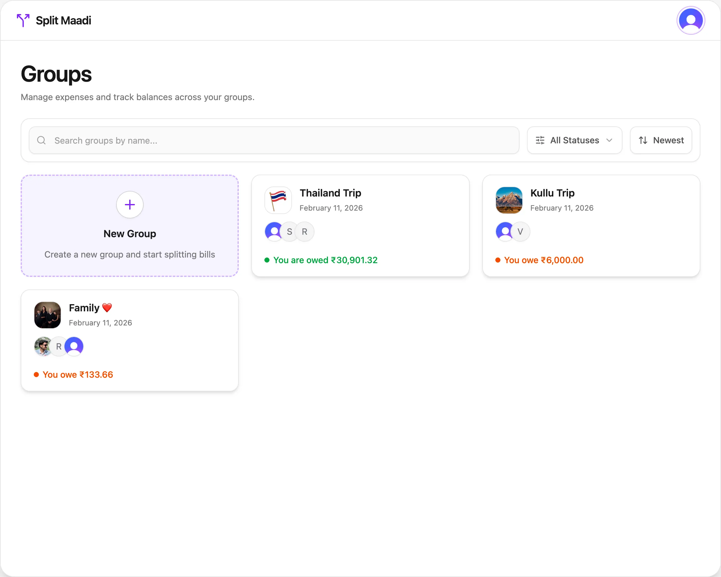 Split Maadi dashboard showing group expenses and balances
