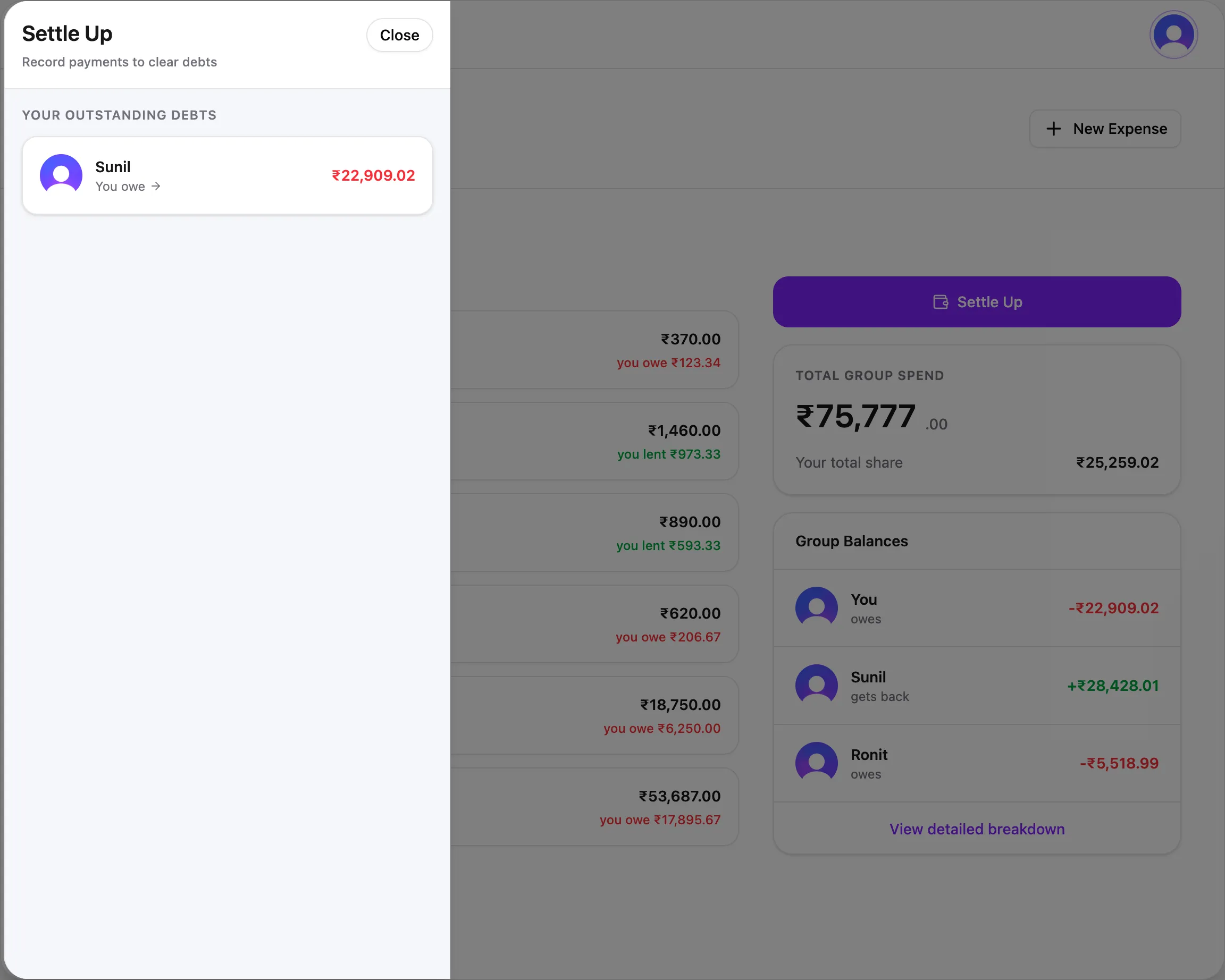 Settle up screen showing simplified debt paths and payment tracking